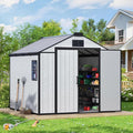 MELLCOM 8 x 8 FT Resin Outdoor Storage Shed with Floor, Outdoor Storage Tool Shed with Windows and Lockable Door, Resin Garden Shed for Lawnmower, Pool Supply, Bike