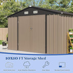 Patiowell 10x10 FT Storage Shed, Outdoor Metal Sheds with Lockable Door and Sloping Roof, Waterproof Outside Large Garden Tool Shed with Breathable Vents for Patio Lawn Backyard, Brown