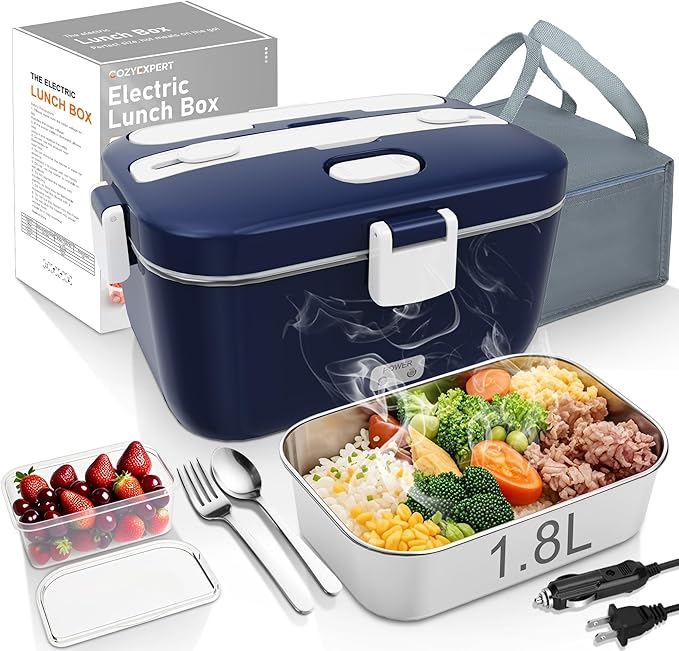 100W Electric Lunch Box Food Heated 12V 24V 110V Fast Food Warmer Heater for Car/Truck/Home Portable Food Heating Boxes with 1.8L 304 SS Container 0.45L Compartment(Royal Blue+White)