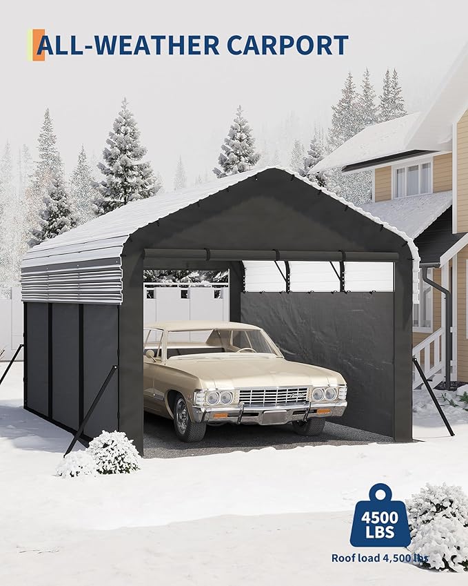 Garvee 10'X15'X9' Metal Carport, Enclosed Car Ports with Heavy Duty Steel Frame and 220 g Tarp, All-Weather Carport, for Sedans, Boats, and Tractors