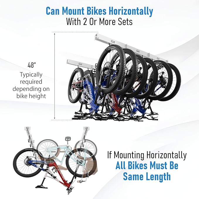 USA Based Ceiling Bike Hanger Slide Mount Up To 6 Bikes, Sliding Garage Bicycle Storage, 51" Heavy Duty Hanging Hook Racks 450lbs Limit, Overhead Mounted Hangers for Storing Bicycles | White