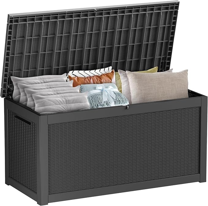 320 Gallon Outdoor Deck Box,Waterproof Resin Outdoor Storage Boxes, Outside Storage Lockable Container for Garden Tools,Indooor Cushions,Accessories (Black)