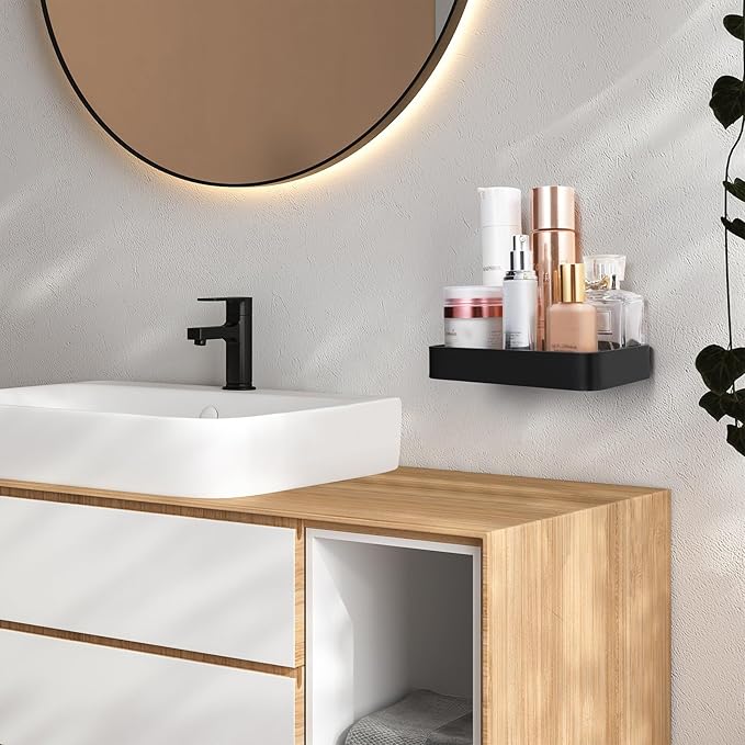 Z metnal Tempered Glass Bathroom Shelves, Matte Black Floating Shelf for Wall, Wall Shelf for Bathroom Organizer, Aluminum Frame, Wall Mounted (Clear Glass, 9.8 inch/25cm)