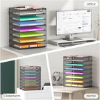 Lavatino 2 Pack 8-Tier Office Desk File Organizer, Letter Tray Paper Organizer with Handle, Including 5 Adjustable Slide Trays for Organizing Desk Workspace Accessories and Supplies (Grey Metal Mesh)
