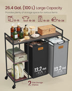 VASAGLE Laundry Hamper with 2 Compartments, 26.4 Gal. (100 L) Laundry Sorter, Rolling Laundry Cart with Shelves, Removable Liners, 6 Labels, Chestnut Brown, Ink Black and Dove Gray UBLH311B02