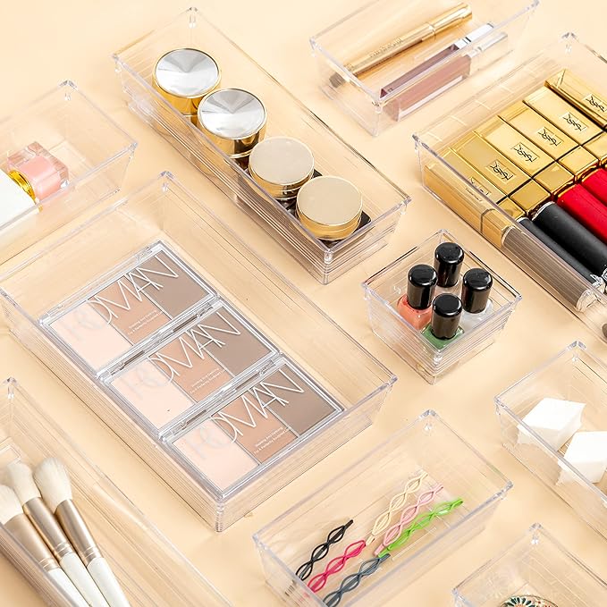 DCA 25 PCS Clear Plastic Drawer Organizer Tray, Bathroom Organizers and Storage Bins for Makeup, Kitchen Utensils, Jewelries, Gadgets, Office Desk