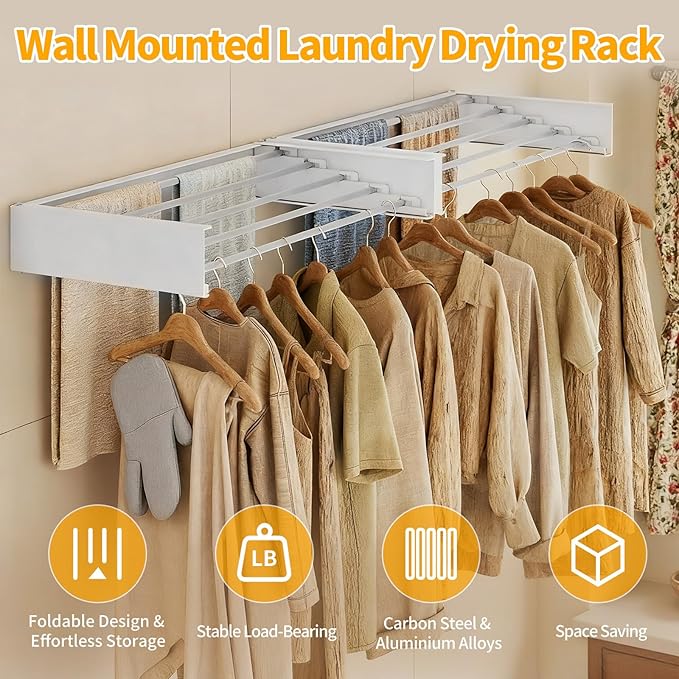 Wall Mounted Laundry Drying Rack, 31.5'' Collapsible Clothes Rack with 5 Rods, Heavy Duty Foldable Space Saving Laundry Drying Rack for Clothing & Towels