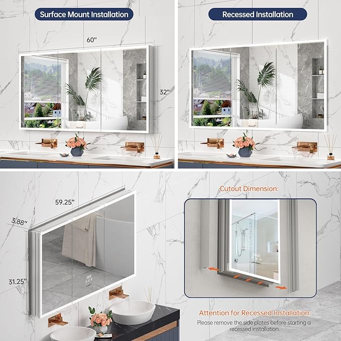 60"×32" Lighted Bathroom Medicine Cabinet with Mirror, Recessed Medicine Cabinet Mirror with Lights, Three Door LED Bathroom Mirror with Outlet & Clock, Dimming, Defogger, Memory Function
