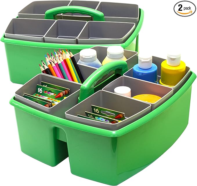 Storex Large Classroom Caddy with Cups, 13 x 11 x 6.575 Inches, Green, Case of 2 (00983U02C)