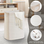 Large Laundry Hamper 16"x13"x22" - Tall Woven Laundry Basket, Cotton Rope Dirty Clothes Hamper, Baby Kids Nursery Wicker Laundry Basket, Bedroom Aesthetic, Soft Laundry Bin, White Hamper, 75L
