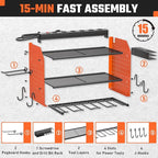 Power Tool Organizer with Charging Station, Heavy Duty 4 Layer Drill Holder Wall Mount Garage Shelf Rack with 6 Outlet Power Strip, Tool Shelf with Hooks, Drill Bit Rack for Garage, Orange
