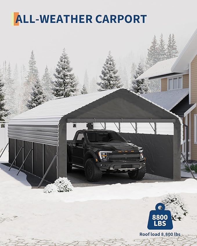 Garvee 12'X24'X9' Metal Carport, Enclosed Car Ports with Heavy Duty Steel Frame and 220 g Tarp, All-Weather Carport for Full-Size Pickup Trucks, Bass Boats, and Tractors