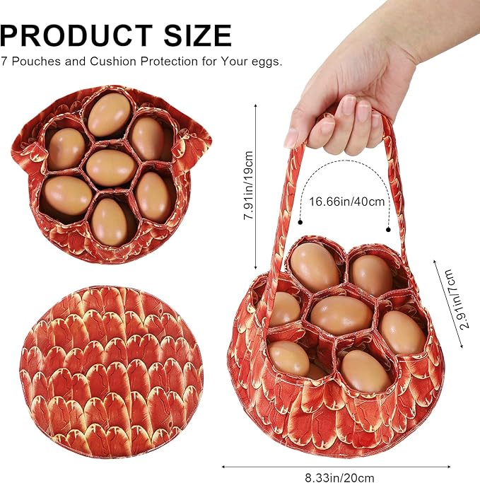 Egg Collecting Basket, Canvas Egg Basket for Gathering with 7 Pouches for Chicken, Duck, Goose, Bird, Various Poultry Collection (Feathers)
