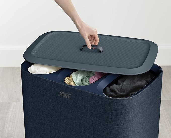 Joseph Joseph Tota Trio 90 liter/23.8 gallon Laundry Hamper Separation Basket with lid, 3 Removable Washing Bags with Handles- Dark Blue