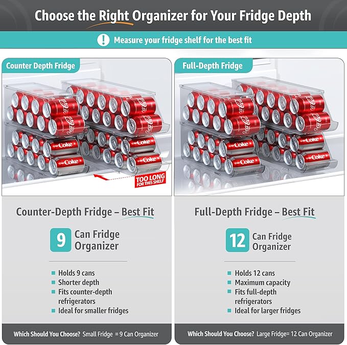 Sorbus Soda Can Organizer for Refrigerator - Stackable Holder Dispenser With Lid for Fridge, Pantry, Freezer - Holds 9 Cans Each, BPA-Free, Clear Design, Drink Organizer (2-Pack)