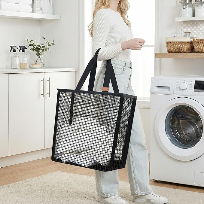 STORAGE MANIAC Collapsible Laundry Basket, 16.9 Gal. Large Pop-up Laundry Hamper with Long Carry Handles, Space-Saving Foldable Clothes Hamper with Bottom Elastic Band, Travel Laundry Bags, Mesh Black