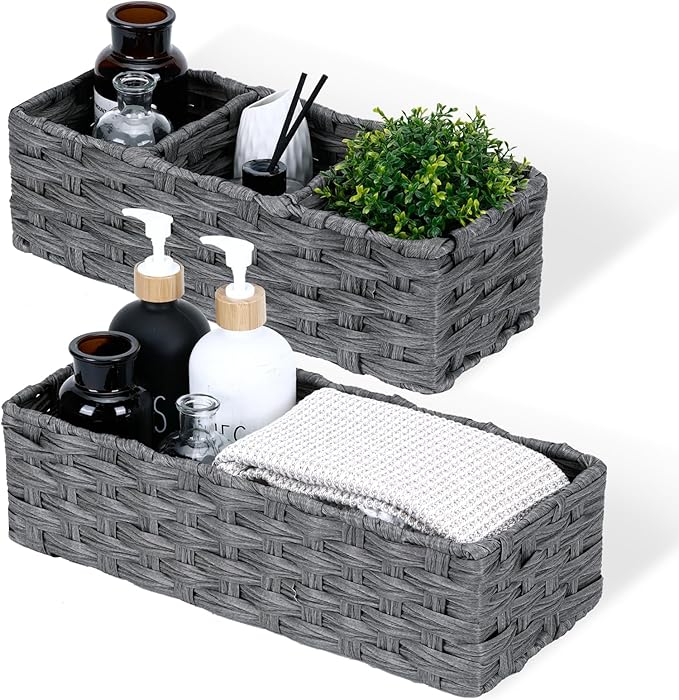 DULLEMELO Toilet Paper Basket for Organizing, Small Bathroom Baskets for Storage, Waterproof Basket for Back of Toilet, Grey, 2 Pack