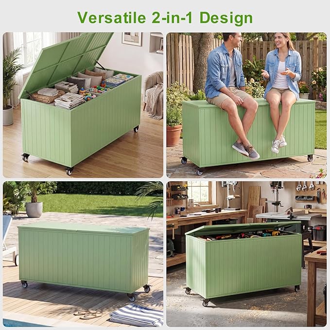 Outdoor Storage Box with Wheels 250 Gallon, Metal Deck Boxes Waterproof, UV Resistant Patio Storage Box with Lid for Patio Furniture, Garden Tools (Green)