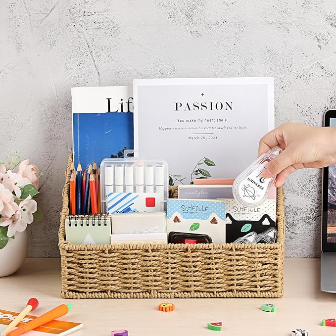 BTSKY Woven Storage Basket Rattan Vertical Wicker Storage Baskets with 4 Compartments Desk Organizers and Storage Magazine File Holder Home Office Supplies Sorter Rack, Wicker Mail Organizer