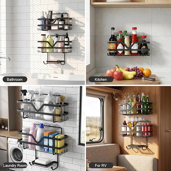 Shower Caddy 3 Pack - Shower Organizer Shelves Rack Rustproof No Drill Self Adhesive Shower Caddies with Soap Dish & Side Hooks for Bathroom Kitchen Storage, Black