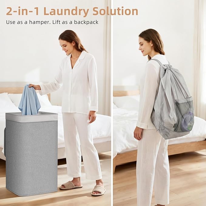 STORAGE MANIAC 2-in-1 Laundry Hamper with Laundry Backpack Bag, 90L Metal Frame Laundry Basket, Dirty Clothes Bag with Shoulder Straps and Mesh Pocket for College, Travel, Laundromat, Apartment, Gray