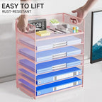 Pink Paper Organizer for Desk with Handle, 6-Tier Metal Mesh File Organizer | Stackable Desktop Organizer for Office Supplies & Stationery Storage
