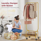 Tajsoon Laundry Cart with Wheels, Metal Rolling Laundry Hamper with Hanging Rack, Storage Basket and Shelf, Gold