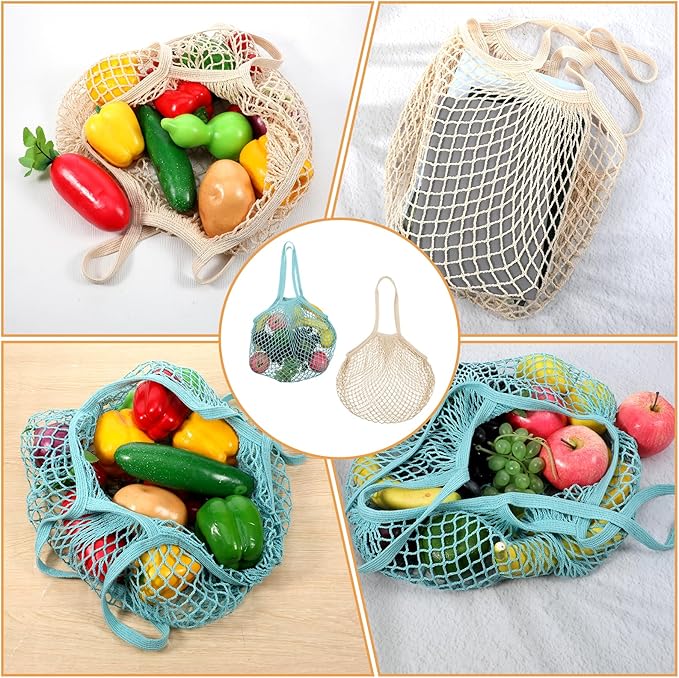 2 PCS Cotton Mesh Grocery Bags, Reusable Mesh Produce Net Bags, Long Handle String Shopping Tote Bag for Fruit Veggie Food Storage