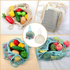 2 PCS Cotton Mesh Grocery Bags, Reusable Mesh Produce Net Bags, Long Handle String Shopping Tote Bag for Fruit Veggie Food Storage
