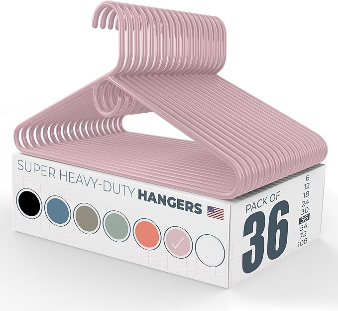 Neaties Super Heavy Duty Clothes Hangers 36 Pack – Made in the USA - 10lb Capacity, Thick Plastic Hangers for Pants, Coats, Jackets, Jeans and Adult Clothing – Pink