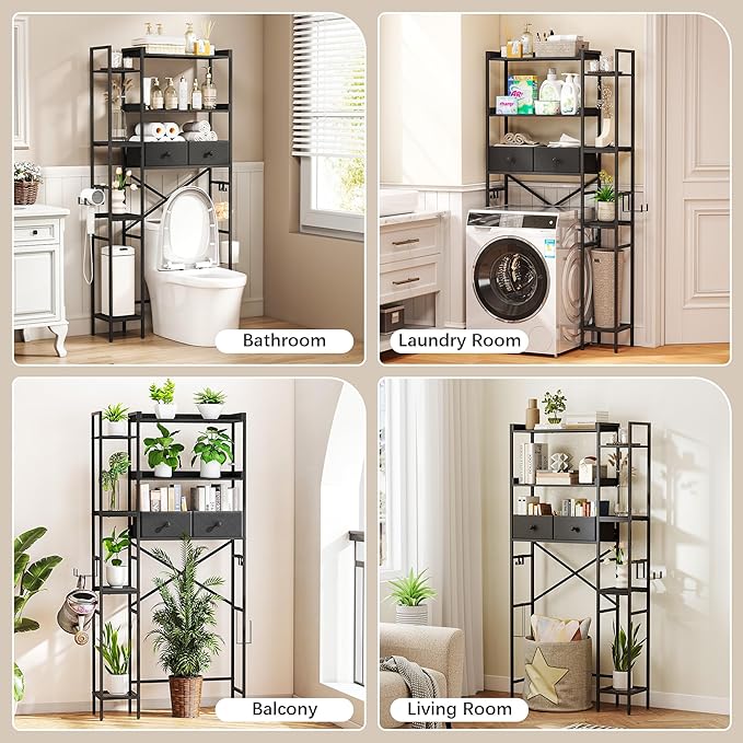 Over The Toilet Storage Shelf with Drawer, 7-Tier Above Toilet Bathroom Organizer with Adjustable Side Shelves, Space Saver Freestanding Rack with Holder & Hook for Laundry Kitchen (Black)