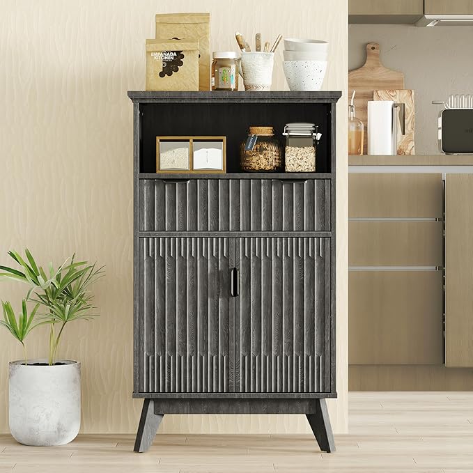 FLOWBACK Fluted Cabinet, 40'' High Coffee Bar with Drawer & Door, Small Decorative Cabinet Bathroom Storage with Open Shelf, Wood Kitchen Pantry Sideboard Buffet