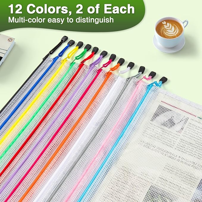 Umriox 24 Pack 12 Colors Zipper Pouches for Organizing, A3 Size (16.9 x 12.4), Big Mesh Bags, Zipper Bags for Puzzles & Board Game Storage, Office Supplies Travel Toiletries