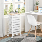 Rolling Cart with 8 Drawers, Storage Drawers Cart with Wooden Tabletop and Lockable Wheels, Utility Cart for Living Room, Office, Classroom, Craft Room, White