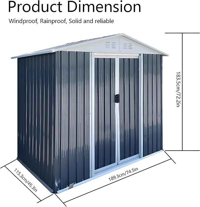 6FT x 4FT Outdoor Sheds Storage Anti-Corrosion Utility Tool House with Lockable Door & Shutter Vents Outdoor Waterproof Garden Tool Metal Storage Sheds（with Metal Foundation）