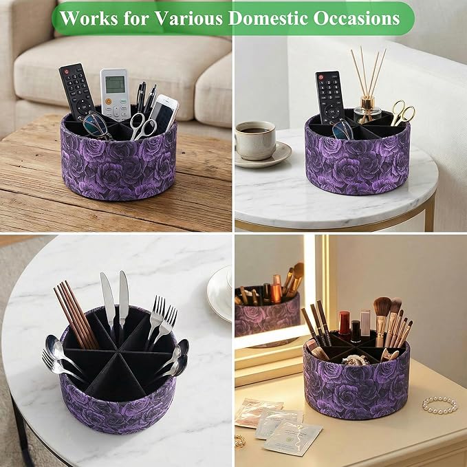 QIELIZI Remote Control Holder, 360°Spinning PU Leather Desk TV Remote Caddy,Desk Storage Box Room Accessories for Controller, Media,Mail,Calculator, Mobile Phone,Pencil(1-B3D Purple)