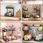 Under Sink Organizer, L-Shape 2 Tier Pull Out Cabinet Organizer with Adjustable Height, Metal Sliding Storage Rack for Kitchen Bathroom Pantry, Black, 2 Pack