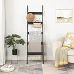 HOOBRO Blanket Ladder, 5-Tier Towel Rack with Hooks, Wall-Leaning Blanket Rack, Decorative Display Ladder Shelf, Scarves, Industrial, Living Room, Bedroom, Black BB52CJ01