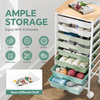 Rolling Cart with 8 Drawers, Storage Drawers Cart with Wooden Tabletop and Lockable Wheels, Utility Cart for Living Room, Office, Classroom, Craft Room, Green