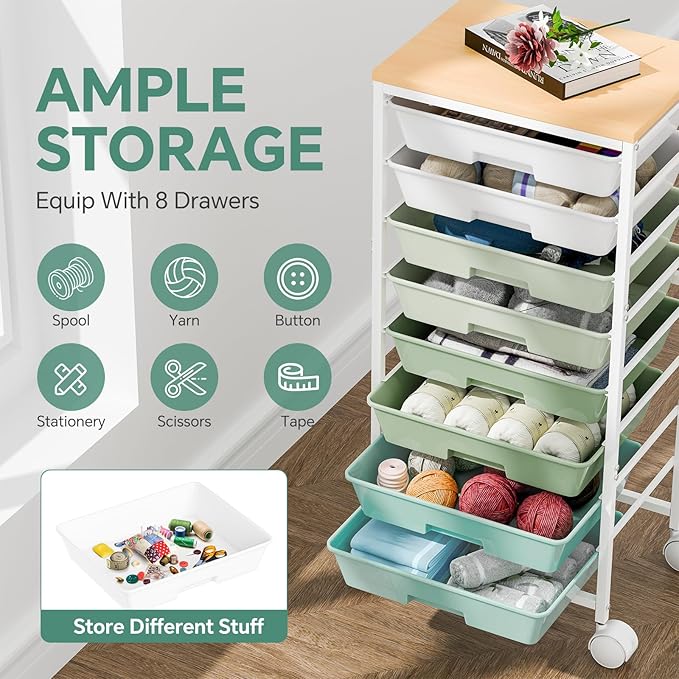 Rolling Cart with 8 Drawers, Storage Drawers Cart with Wooden Tabletop and Lockable Wheels, Utility Cart for Living Room, Office, Classroom, Craft Room, Green