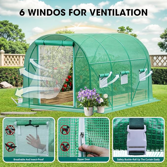 Grezone Walk-in Greenhouse Upgraded Green House with Zippered Screen Doors & 6 Screen Windows Heavy Duty Plastic Plant Warm House with Reinforced Frame (12x7x7 FT)