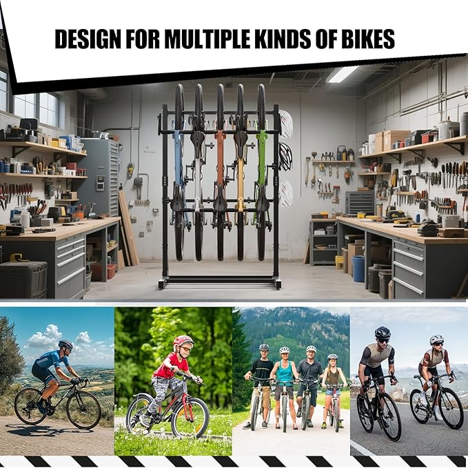 sogiv Freestanding Vertical Bike Storage Stand, Heavy Duty 5-Bike Capacity Floor Rack for Garage & Indoor, Space-Saving Bicycle Organizer
