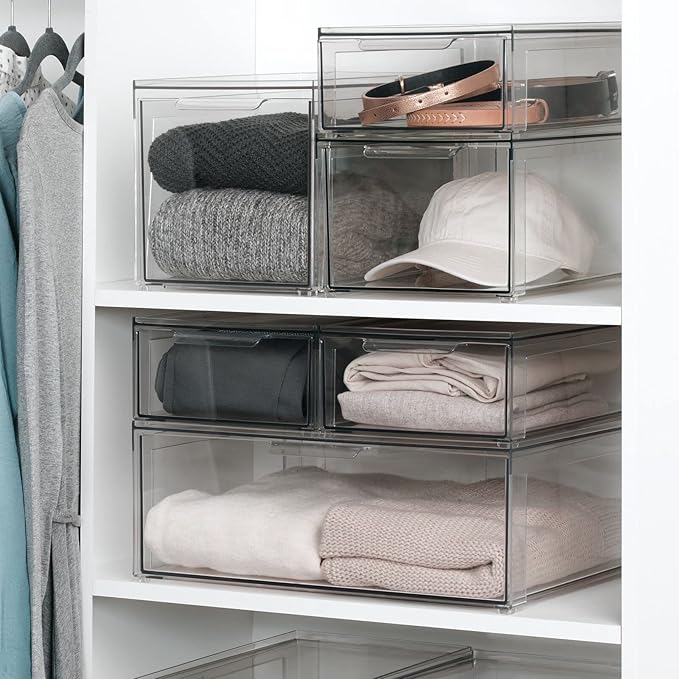 mDesign Plastic Stackable Closet Storage Organizer Bin Containers with Front Pull Drawer for Cabinet, Desk, Shelf, Cupboard, or Dresser Organization - Lumiere Collection - Set of 3 - Clear