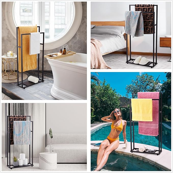 Towel Racks for Bathroom, 39'' Tall 2 Tier Bathroom Towel Stand with Storage Shelves, Modern Standing Pool Drying Rack for Outdoor, Black, ALHAKIN