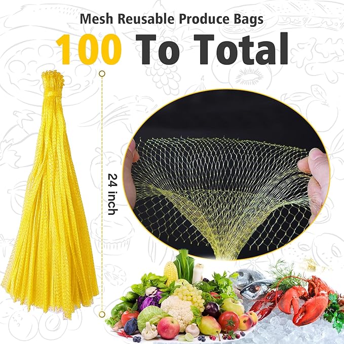 100Pcs Reusable Produce Mesh Bags, 24’’ Seafood Boil Bags for Crab Clam Shellfish Crawfish Cooking, Mesh Produce Bagfor Onion Potato Vegetable & Garden Produce (Yellow)