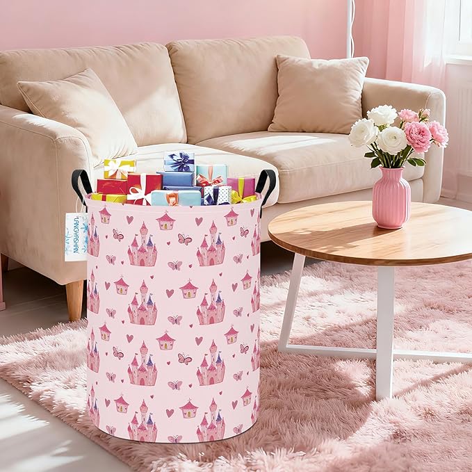 LANGYASHAN Laundry Basket Canvas Fabric Collapsible Organizer Basket for Storage Bin Toy Bins Gift Baskets Bedroom Clothes Children Nursery Hamper (Pink Castle)