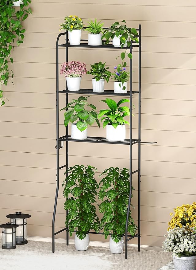 3-Tier Over The Toilet Storage, Bathroom Organizer, Space-Saving, Above Toilet Storage Rack with 4 Hooks and Paper Holder, Metal Shelf, Black
