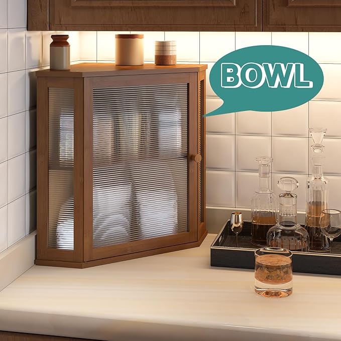 Corner Bread Box for Kitchen Counter, Bamboo Wood Large Capacity Bread Storage Bin with Acrylic Wavy Door Panel (Brown, Extra Large)