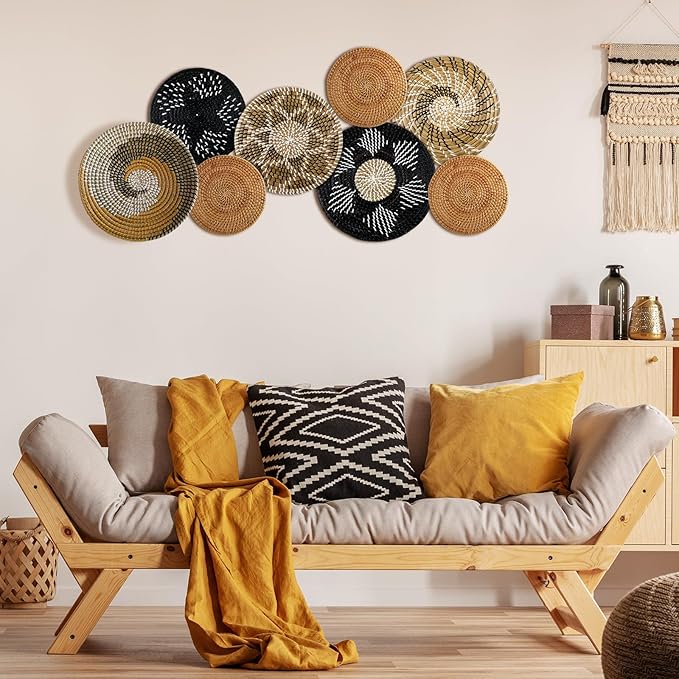 Xuhal 8 Pcs Boho Wall Basket Decor Decorative Bulrush Woven Basket Wall Decor Rustic Farmhouse Hanging Baskets for Kitchen Rustic Home Summer Decorations(Vintage)