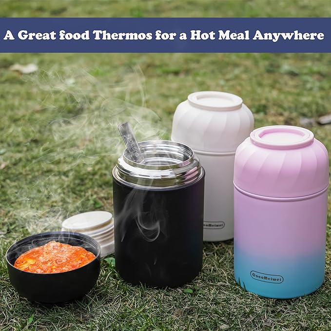 Soup Thermo for Hot Food & Drinks, Thermo Lunch Box for Kids, 17oz Vacuum Insulated Food Container with Spoon&&Drawstring Bag, Soup Therm for Adults, Pink&Green